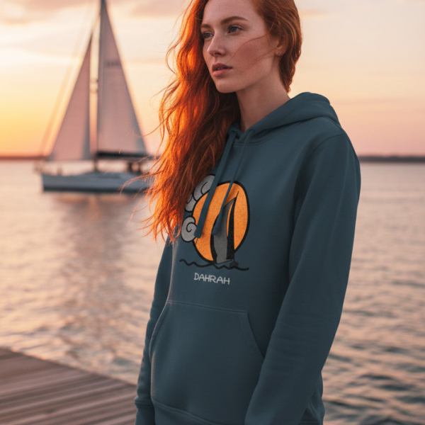Organic hoodie with print of a SAILBOAT by Dahrah Darah Fashion.