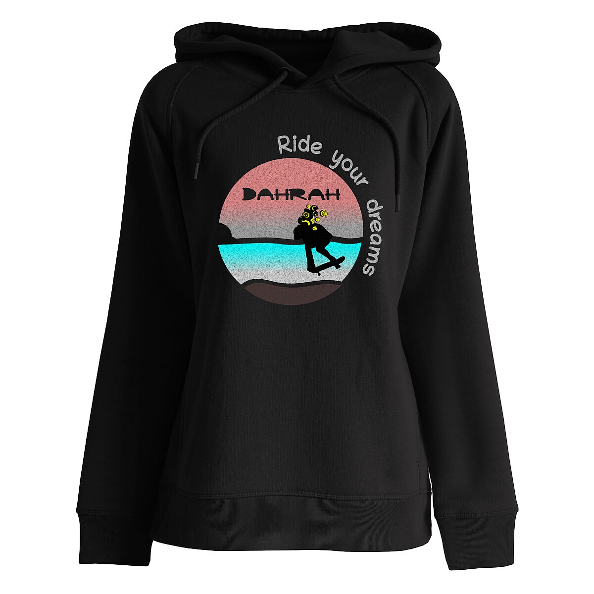 Beautiful high quality organic hoodie with print of a girl skateboarding designed by Dahrah Darah Fashion.