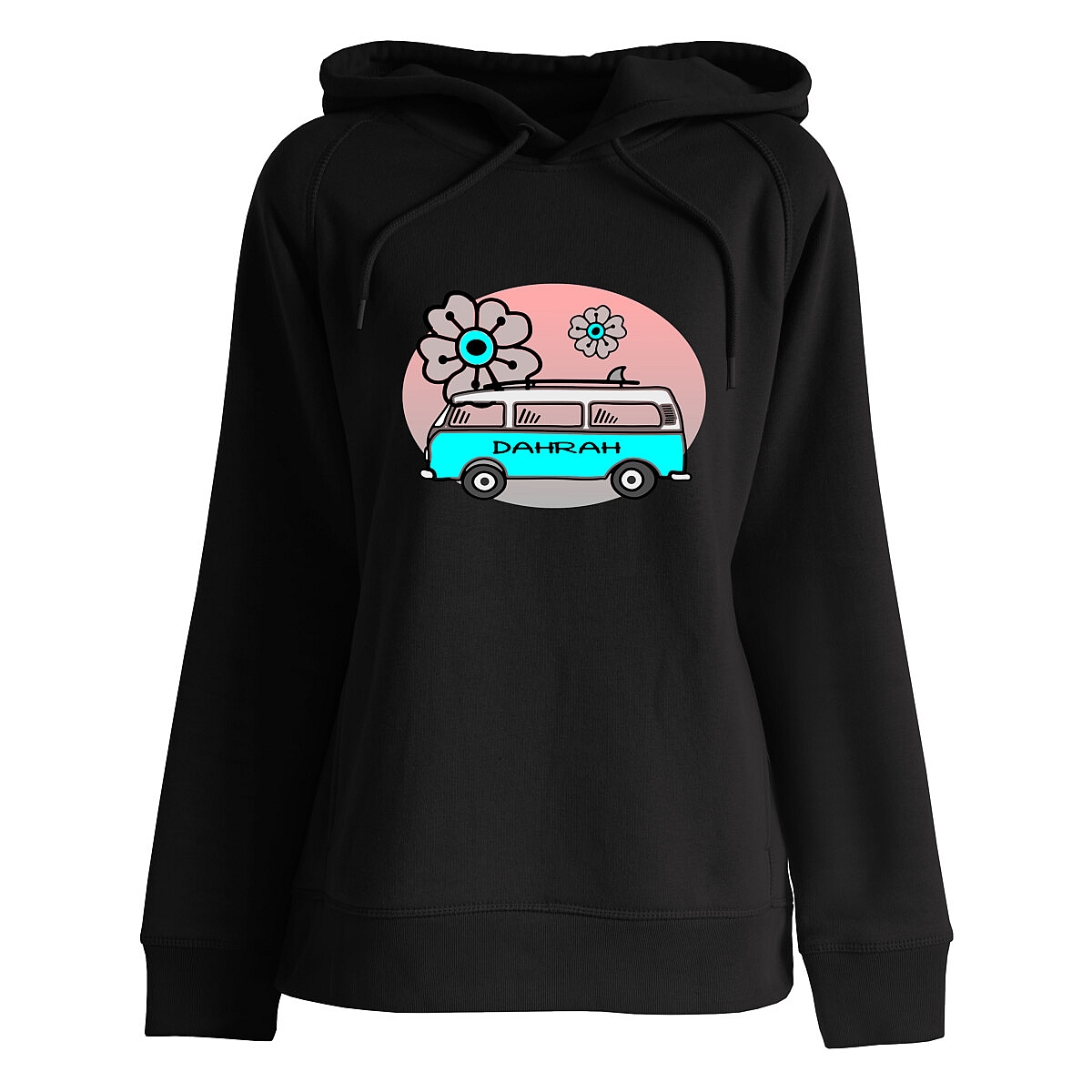 Beautiful high quality organic hoodie with print of a surf van designed by Dahrah Darah Fashion.