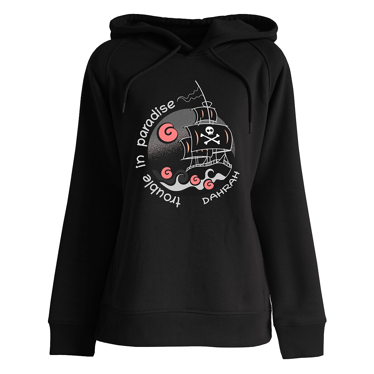 Beautiful high quality organic hoodie with print of a pirate ship designed by Dahrah Darah Fashion.