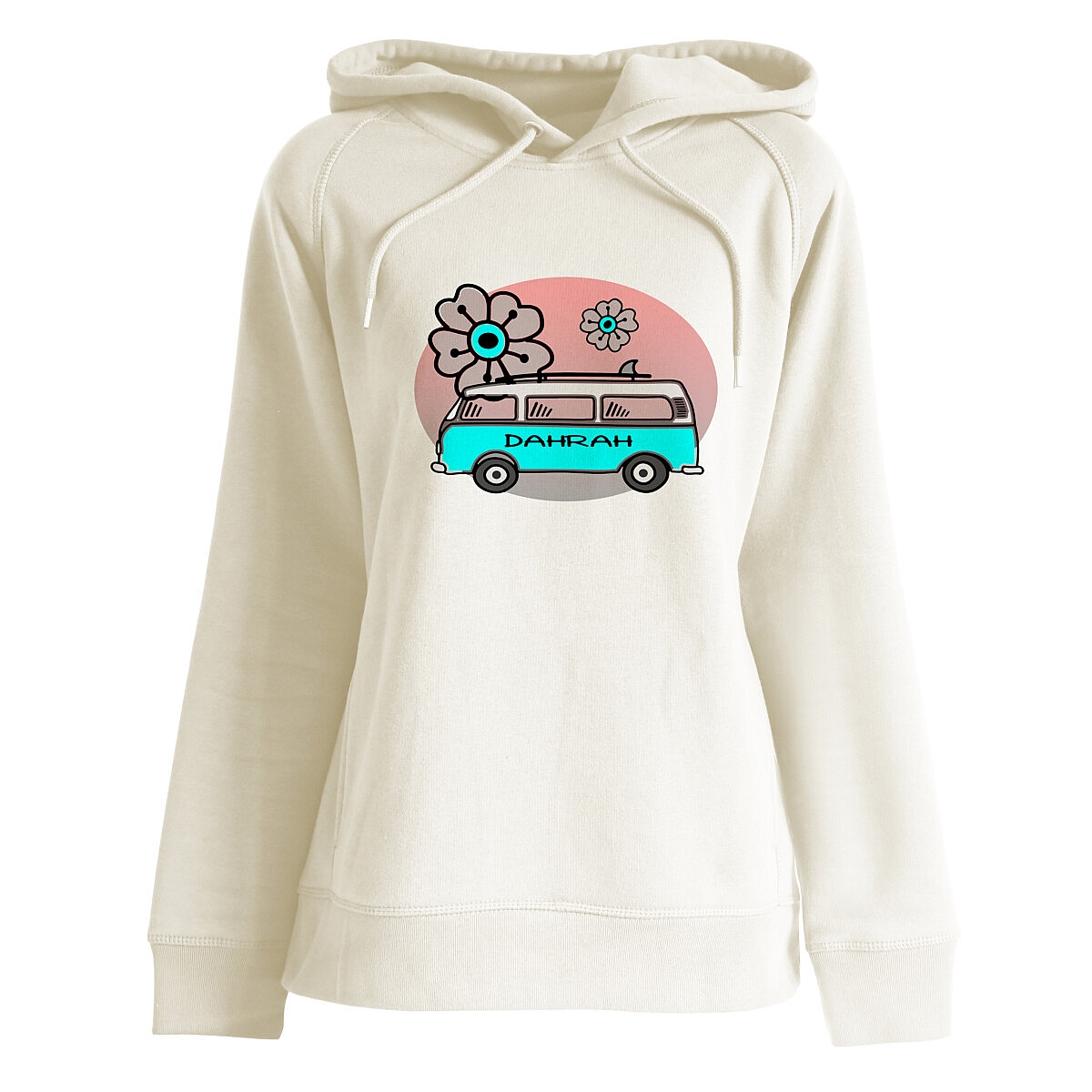Beautiful high quality organic hoodie with print of a surf van designed by Dahrah Darah Fashion.