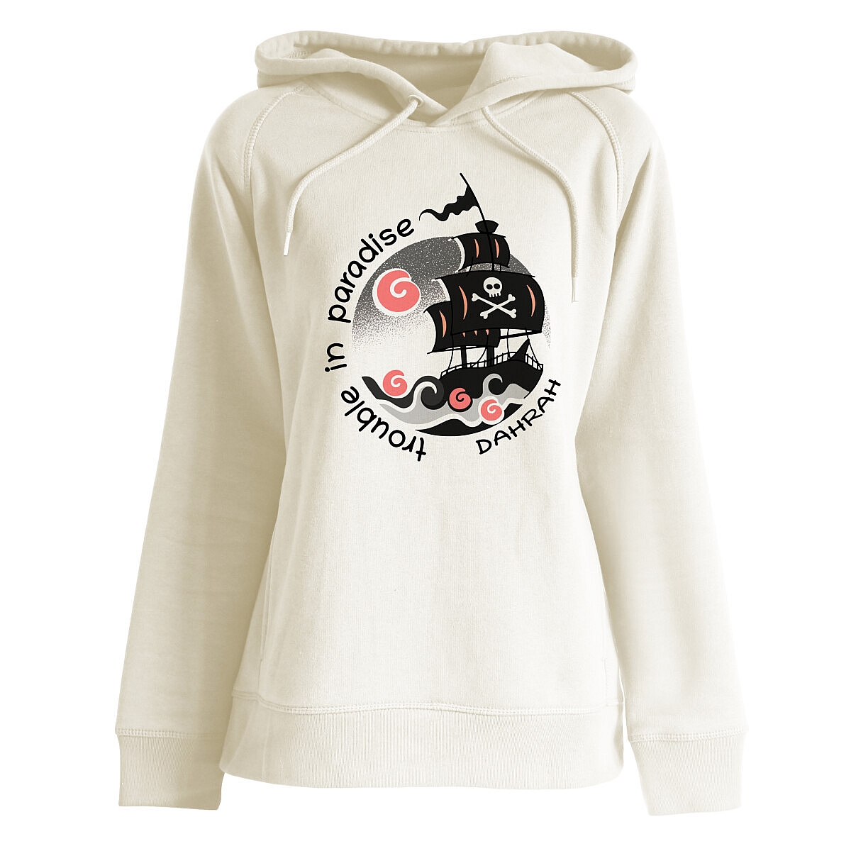Beautiful high quality organic hoodie with print of a pirate ship designed by Dahrah Darah Fashion.