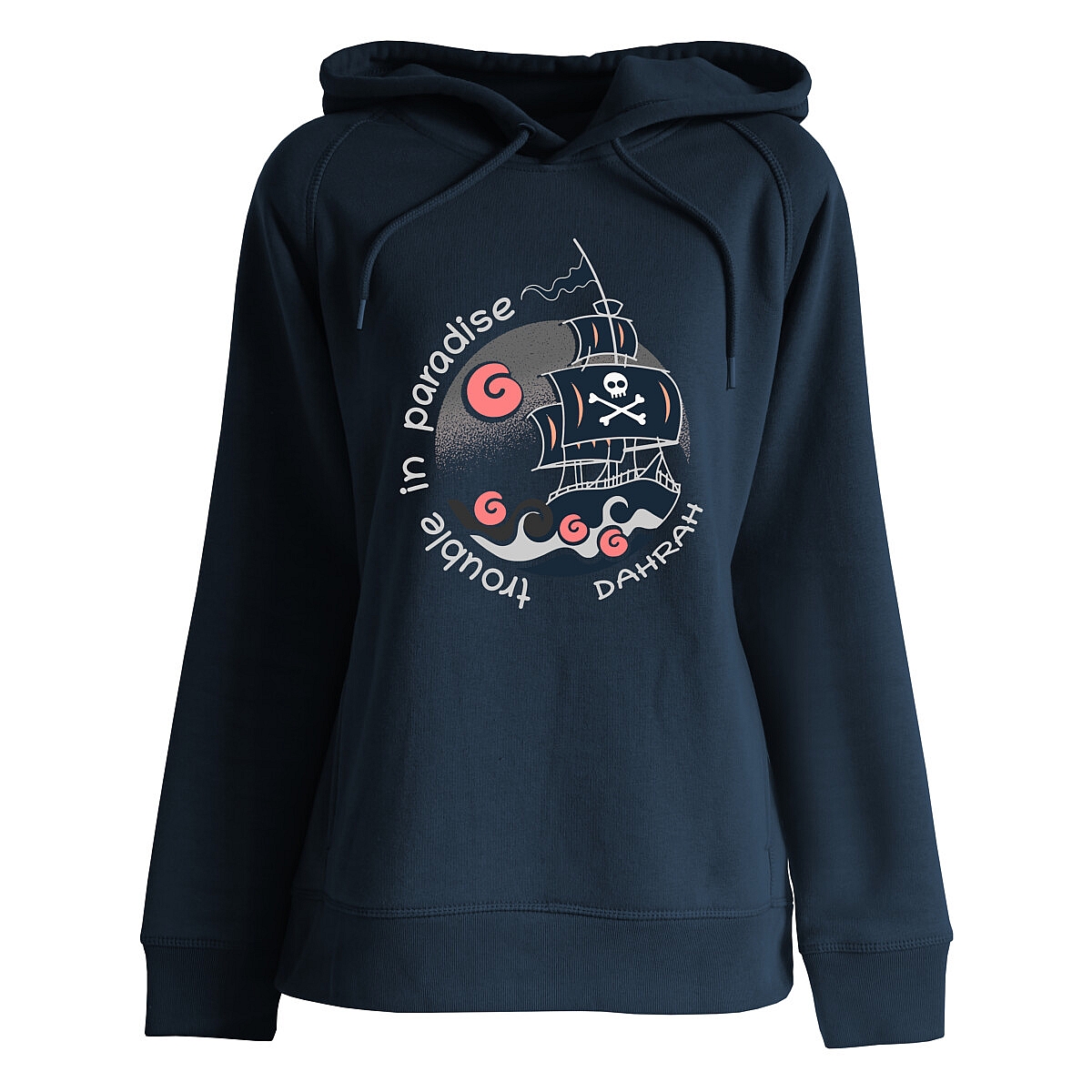 Beautiful high quality organic hoodie with print of a pirate ship designed by Dahrah Darah Fashion.