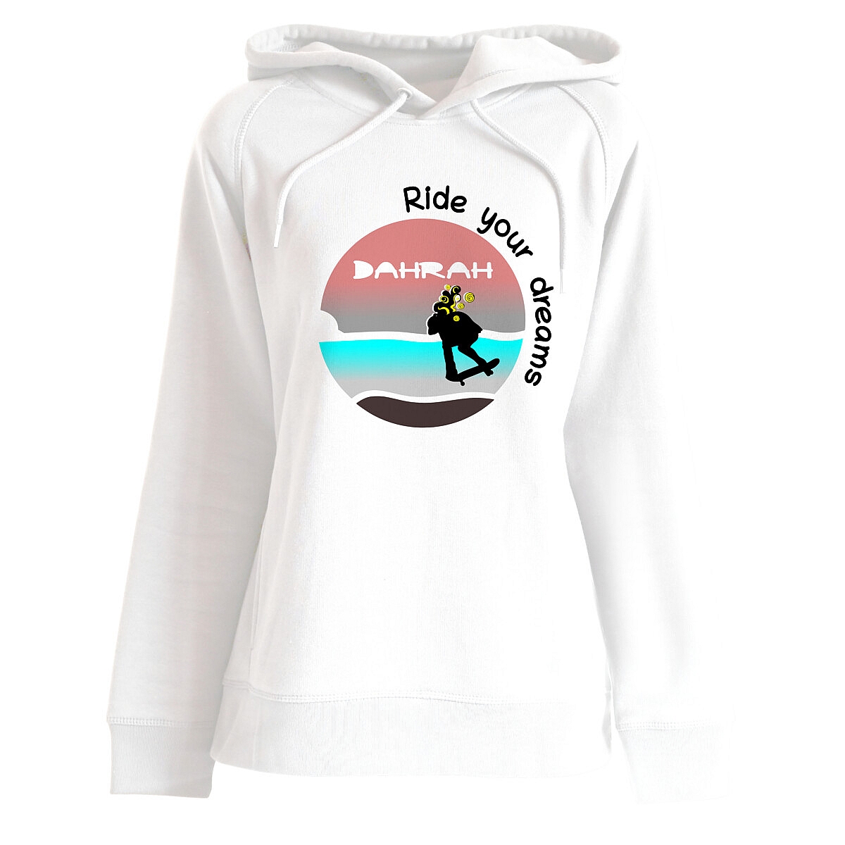 Beautiful high quality organic hoodie with print of a girl skateboarding designed by Dahrah Darah Fashion.