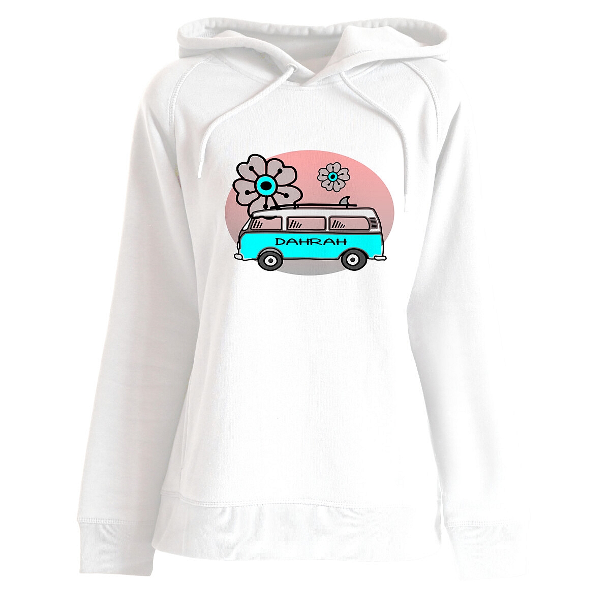 Beautiful high quality organic hoodie with print of a surf van designed by Dahrah Darah Fashion.