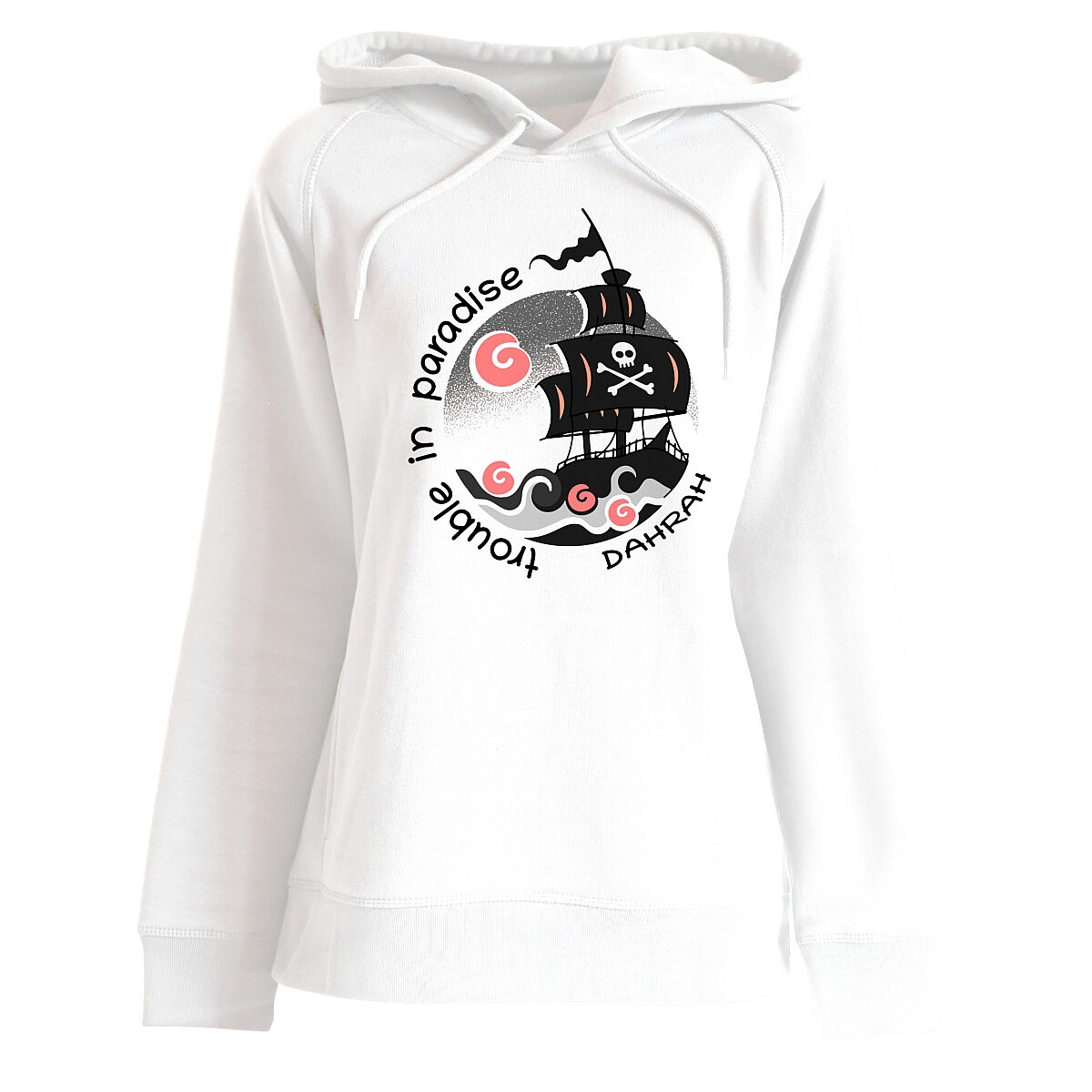 Beautiful high quality organic hoodie with print of a pirate ship designed by Dahrah Darah Fashion.