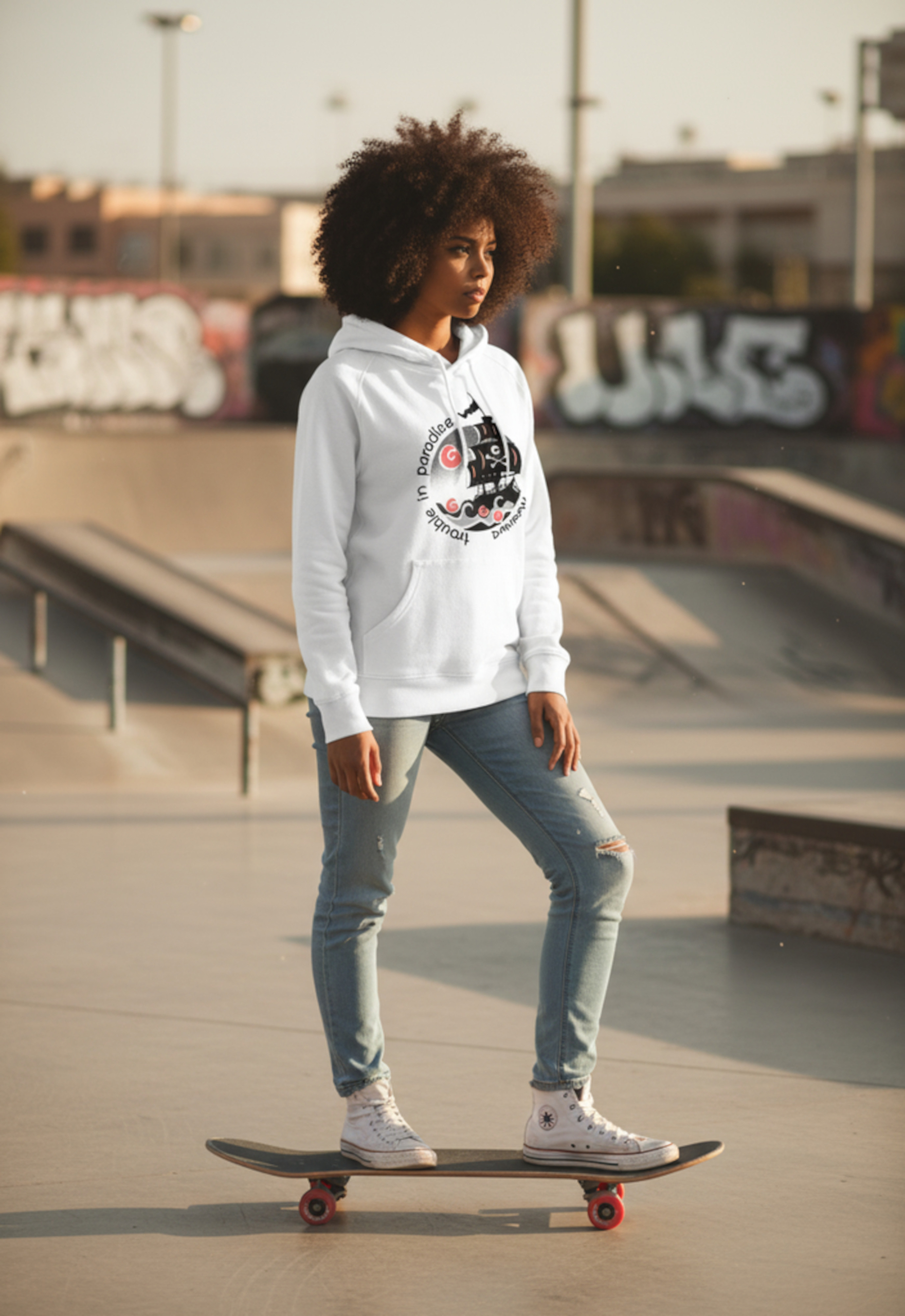 Beautiful high quality organic hoodie with print of a pirate ship designed by Dahrah Darah Fashion.