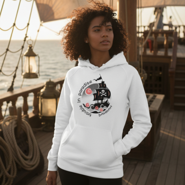 Beautiful high quality organic hoodie with print of a pirate ship designed by Dahrah Darah Fashion.