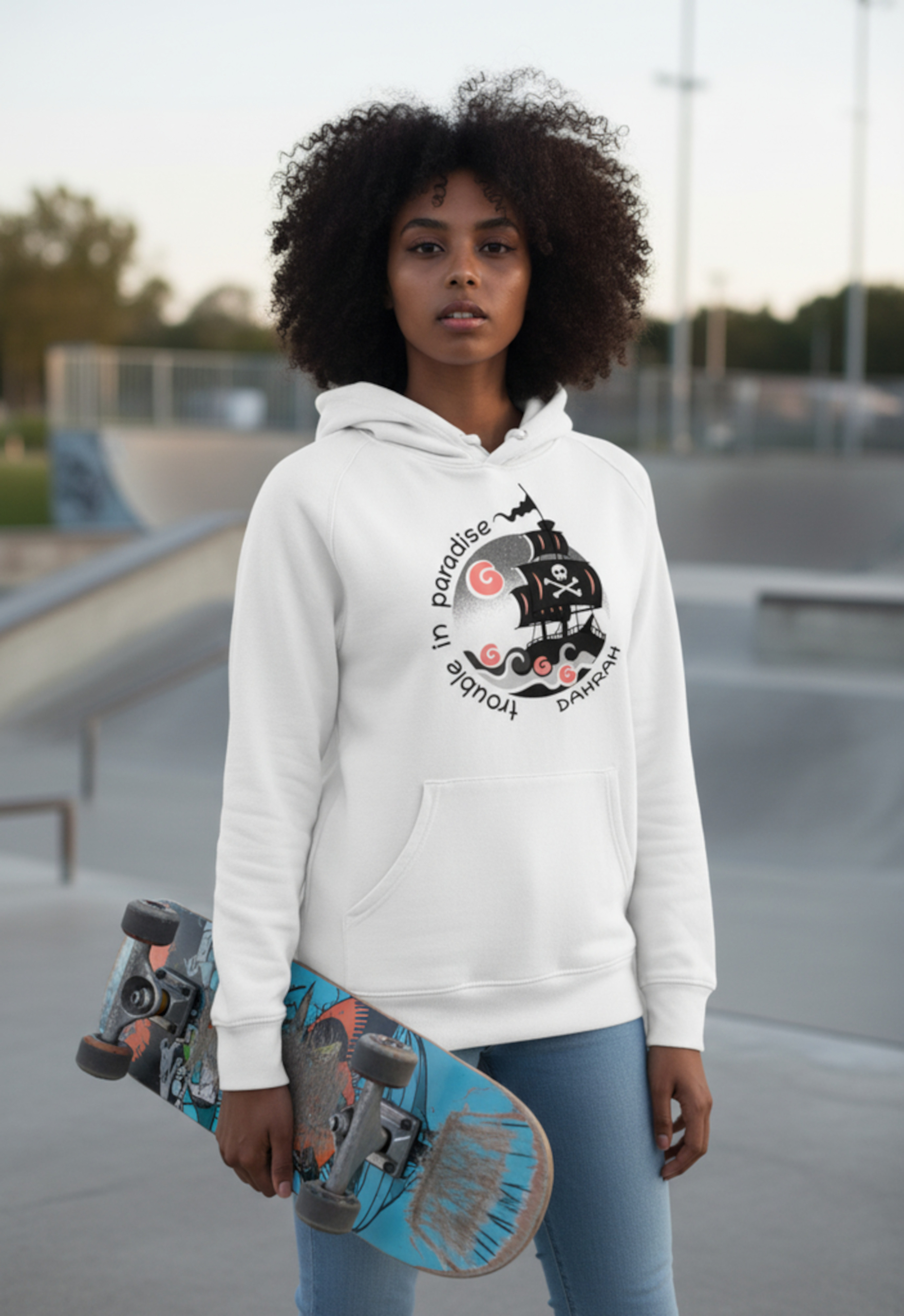 Beautiful high quality organic hoodie with print of a pirate ship designed by Dahrah Darah Fashion.
