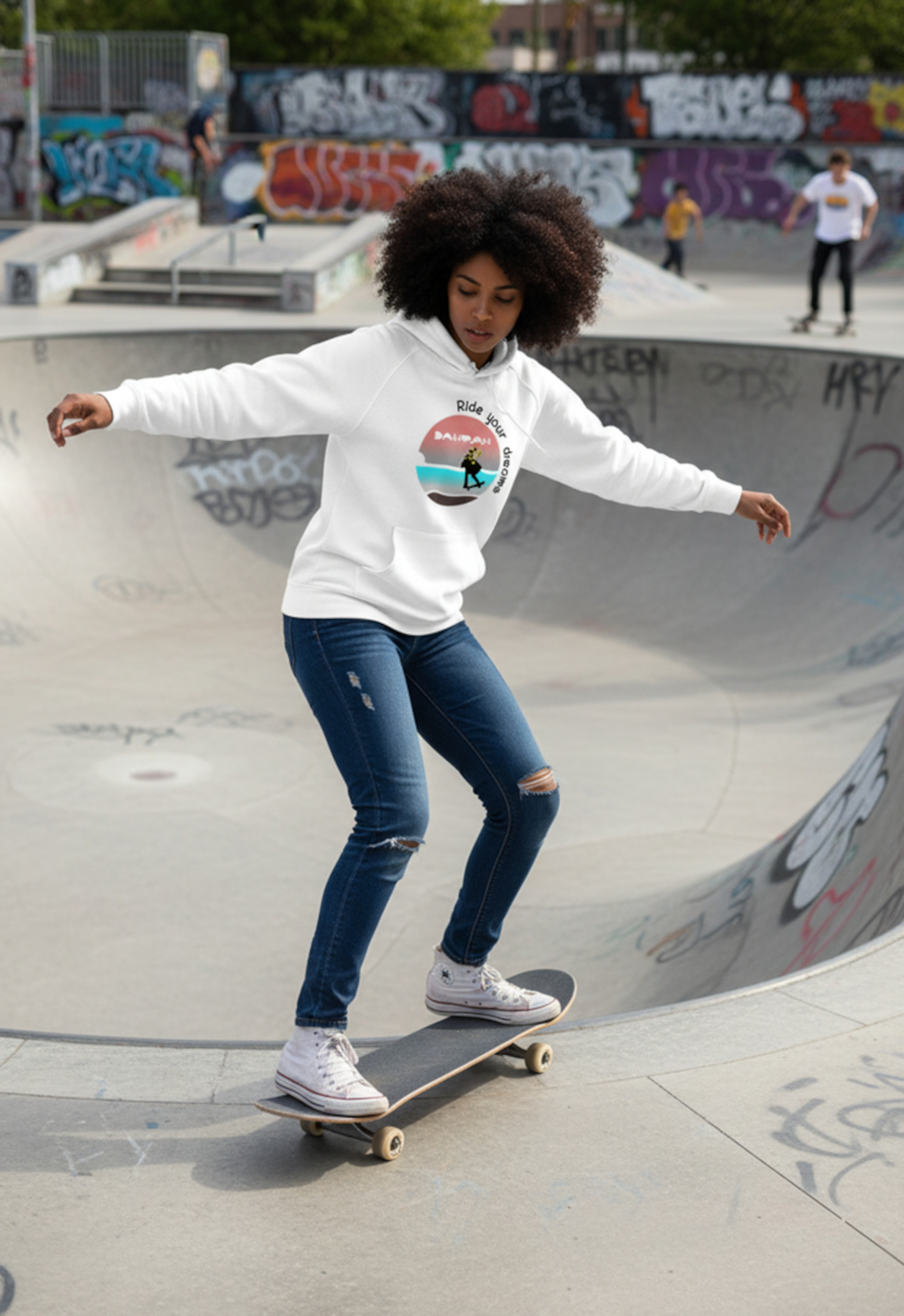 Beautiful high quality organic hoodie with print of a girl skateboarding designed by Dahrah Darah Fashion.