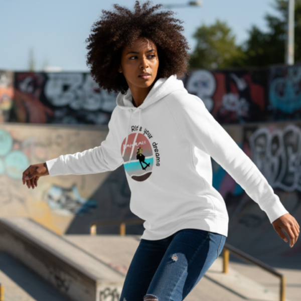 Beautiful high quality organic hoodie with print of a girl skateboarding designed by Dahrah Darah Fashion.