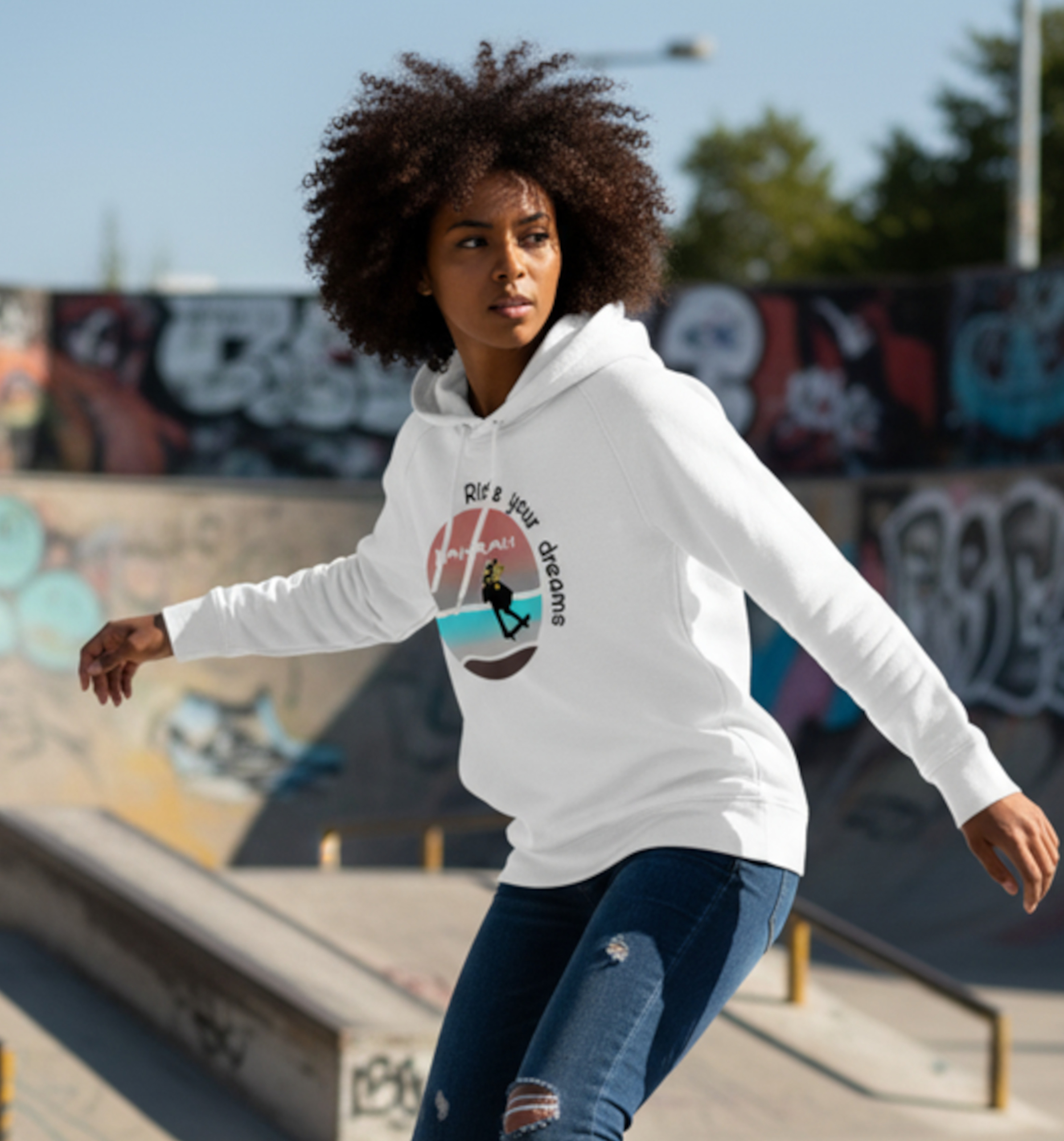 Beautiful high quality organic hoodie with print of a girl skateboarding designed by Dahrah Darah Fashion.