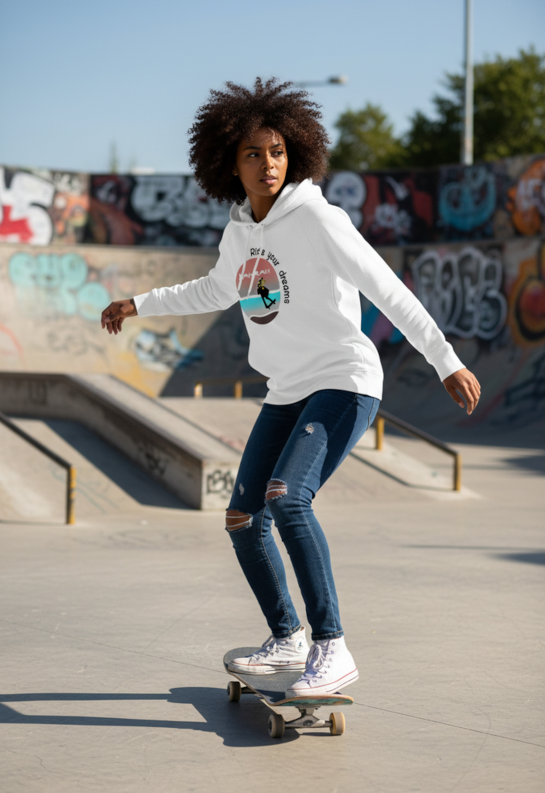 Beautiful high quality organic hoodie with print of a girl skateboarding designed by Dahrah Darah Fashion.