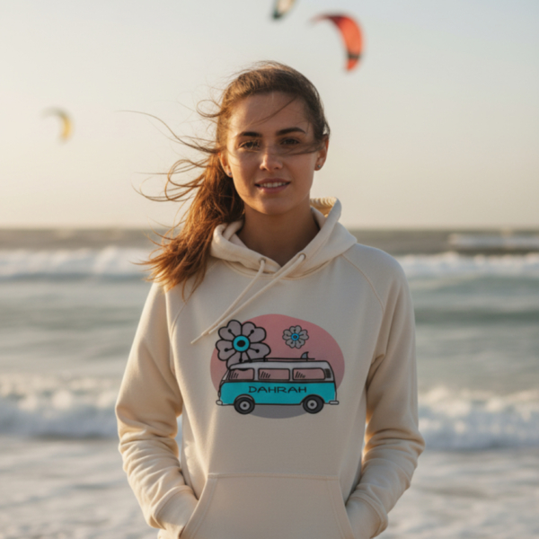 Beautiful high quality organic hoodie with print of a surf van designed by Dahrah Darah Fashion.