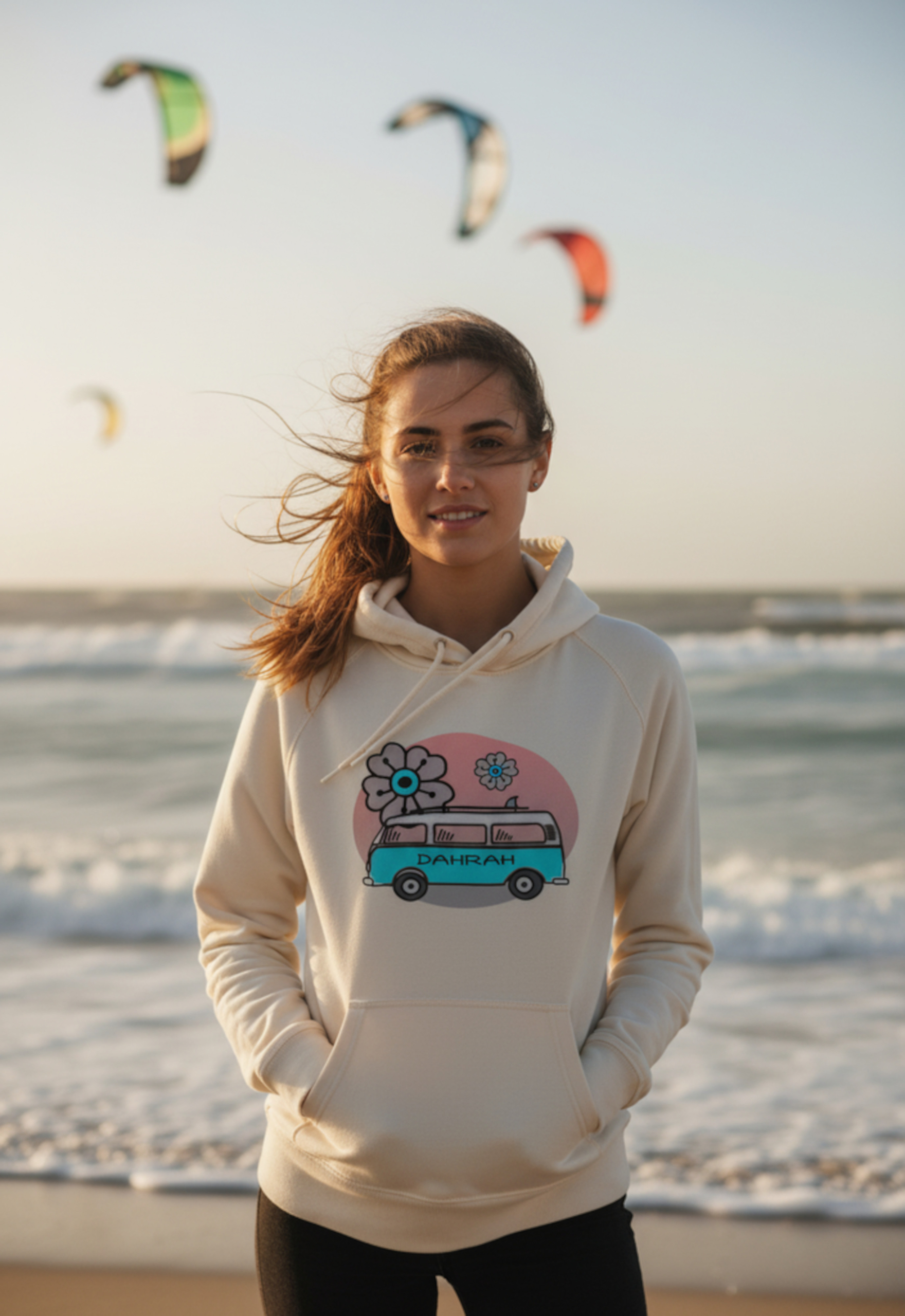 Beautiful high quality organic hoodie with print of a surf van designed by Dahrah Darah Fashion.