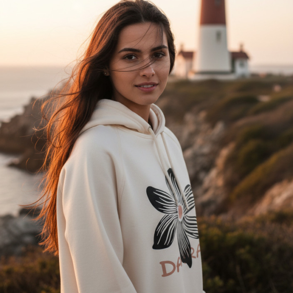 Beautiful high quality organic hoodie with print of a black flower by Dahrah Darah Fashion.