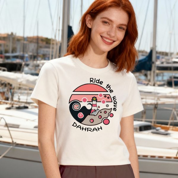 Organic t-shirt with print of a lighthouse in a storm by Dahrah Darah Fashion.