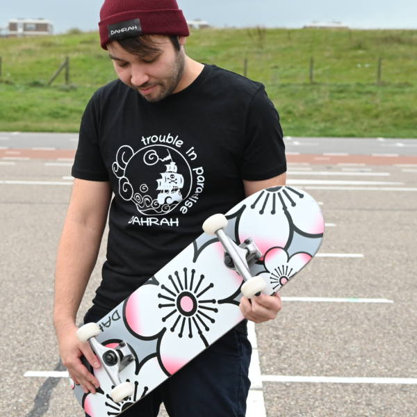 Dahrah Darah unisex organic cotton T-shirt with print of a pirate ship.