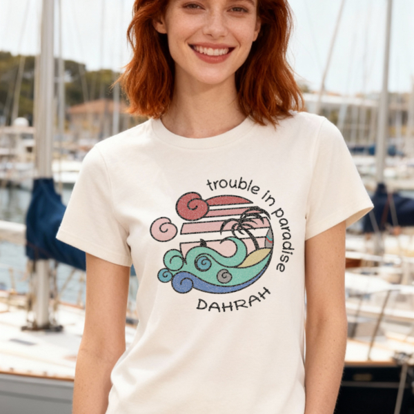 Organic cotton T-shirt with print of a surfing beach with a shark by Dahrah Darah.
