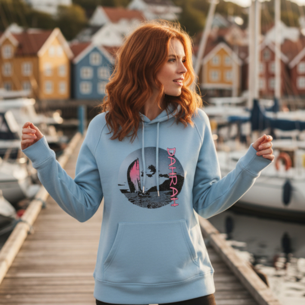 Beautiful organic hoodie with print of a sailing boat by Dahrah Darah Fashion.