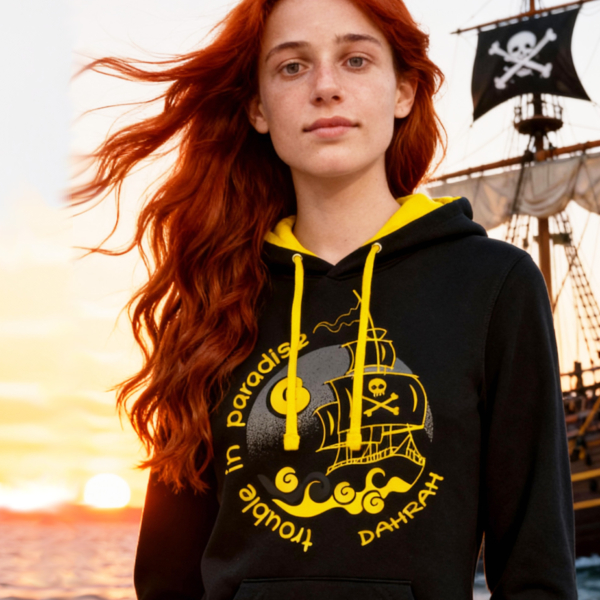 Beautiful sailing and surfing hoodie with print of a pirate ship by Dahrah.