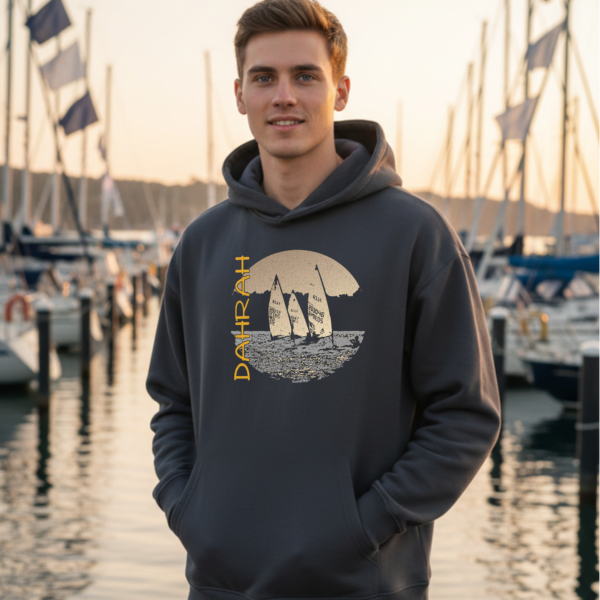 Organic sailing hoodie with print of three Laser sailboats.