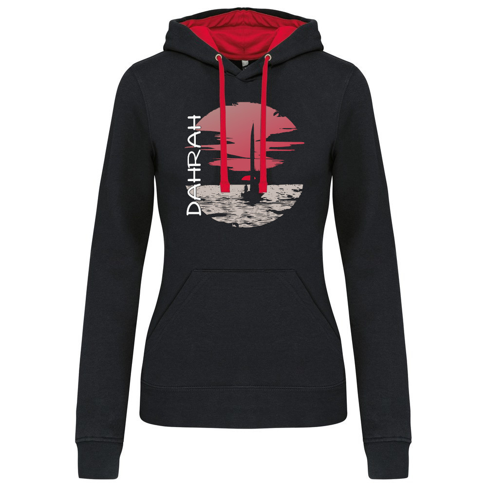 Beautiful high quality organic hoodie with print of a sailboat at sunrise.