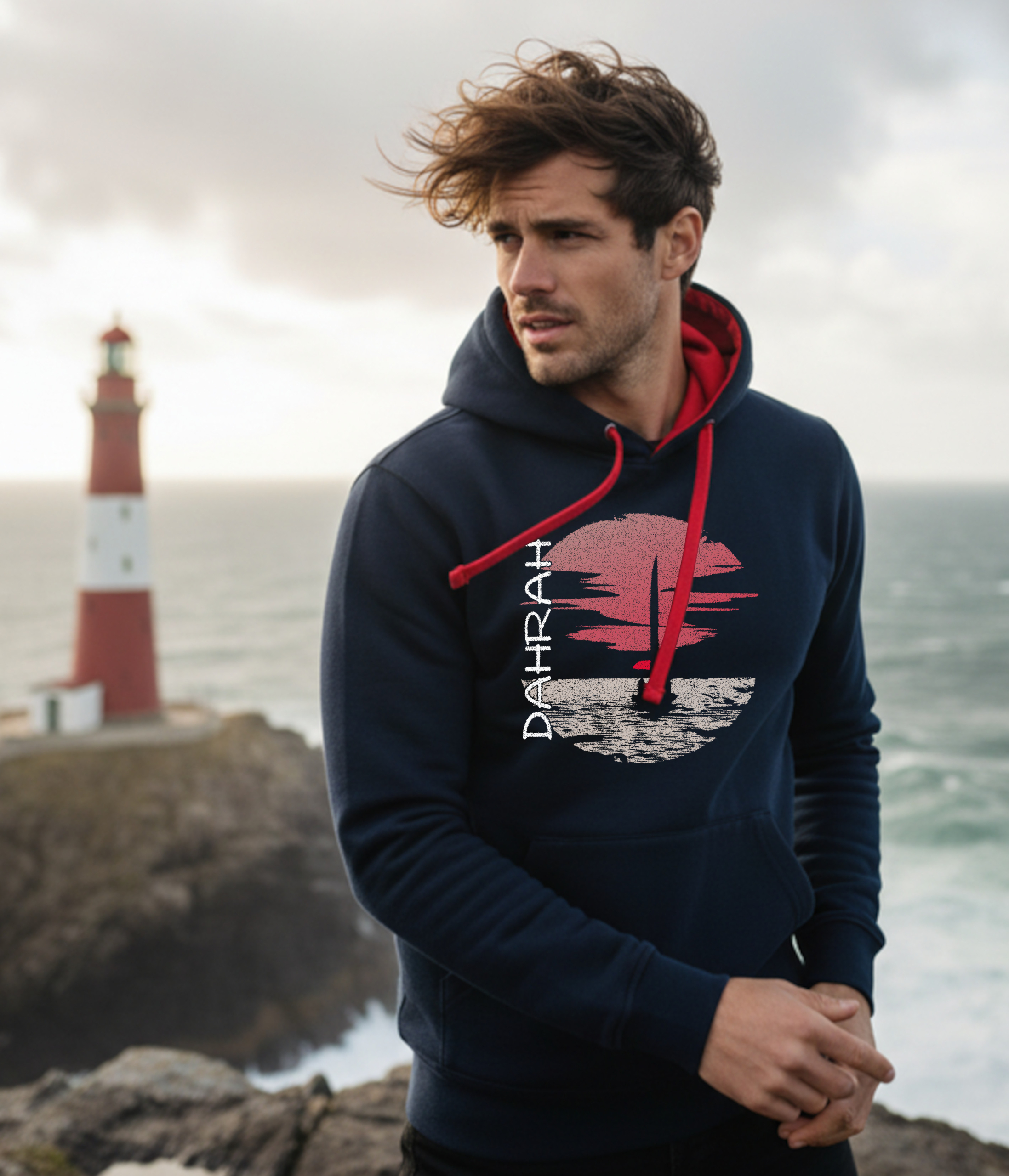 Sailing hoodie with print of a sailing boat at sunset.