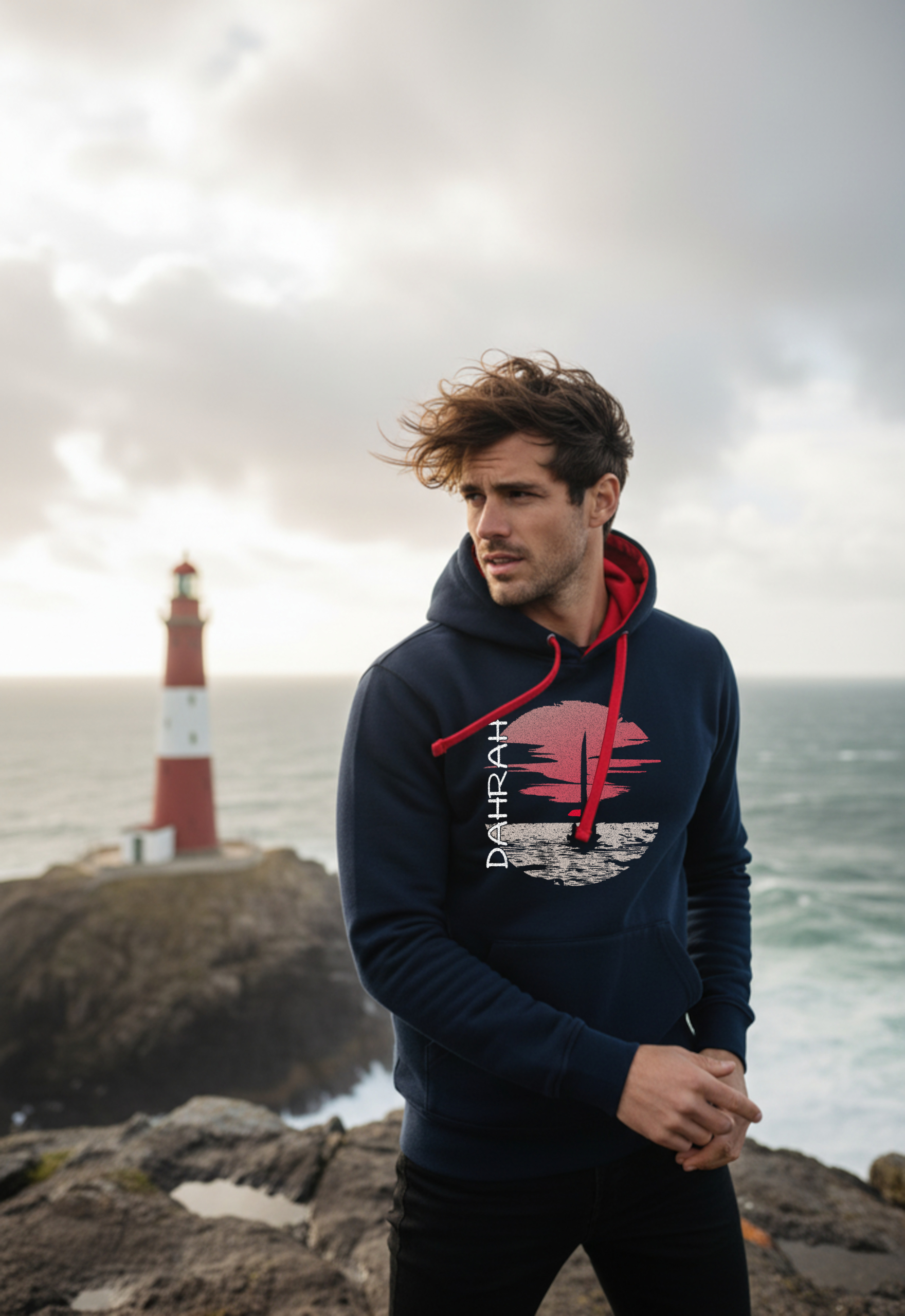 Sailing hoodie with print of a sailing boat at sunset.