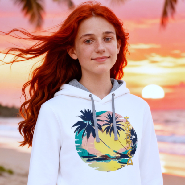 Dahrah Darah sailing hoodie with print of a sailboat and a tropical beach.