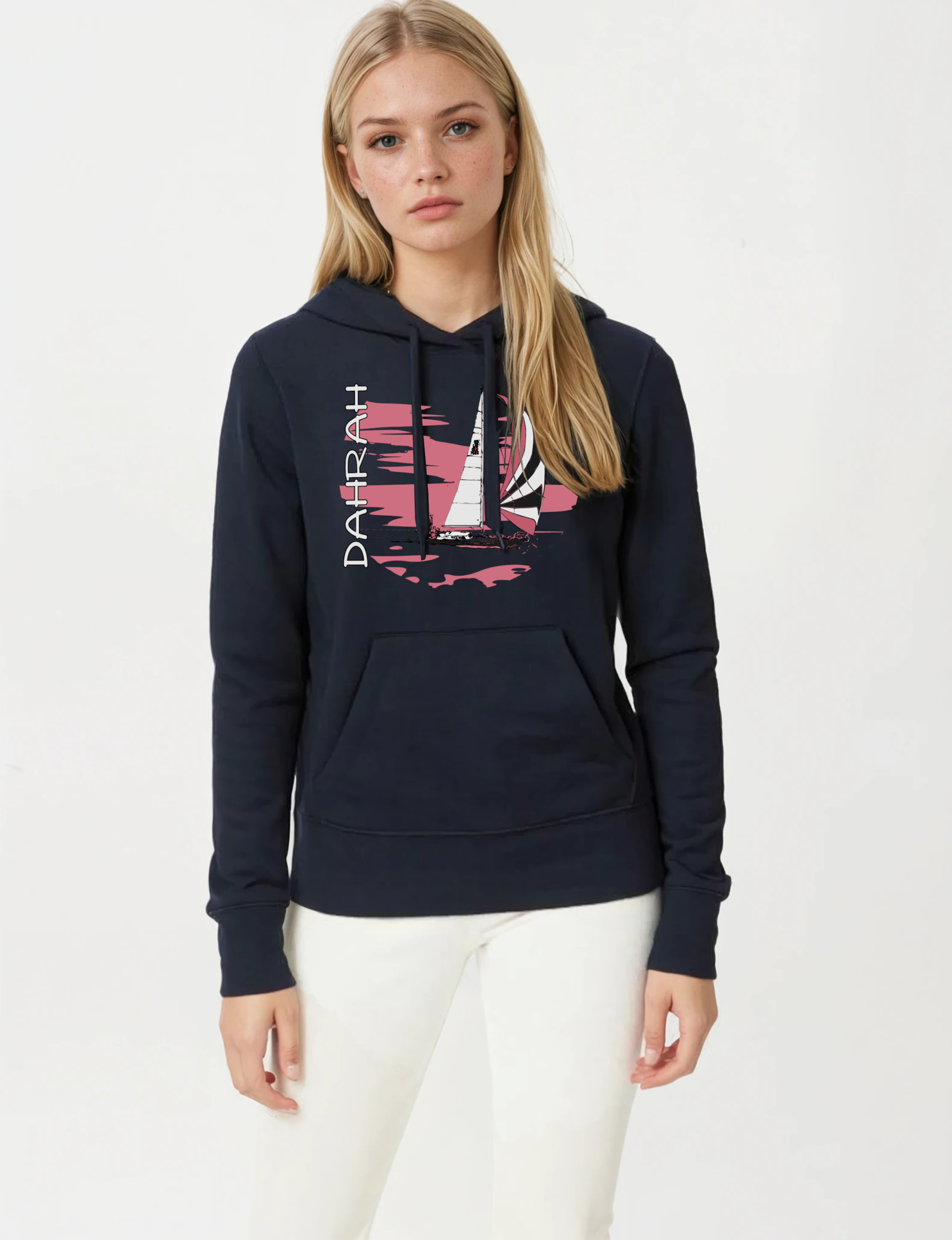 Organic hoodie with print of a SAILBOAT by Dahrah Darah Fashion.