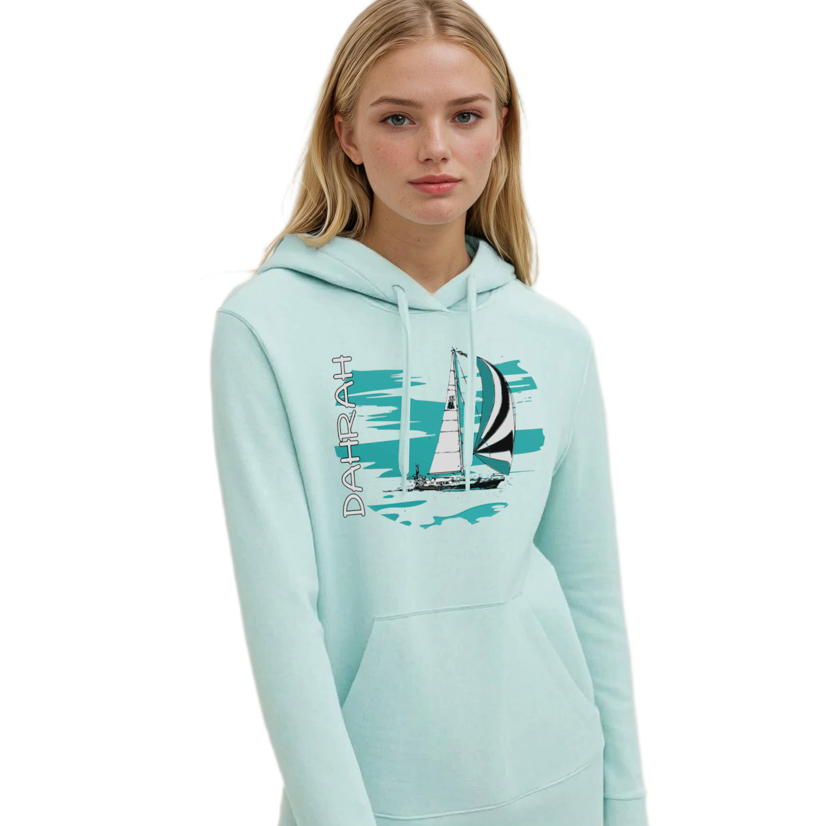 Organic hoodie with print of a SAILBOAT by Dahrah Darah Fashion.