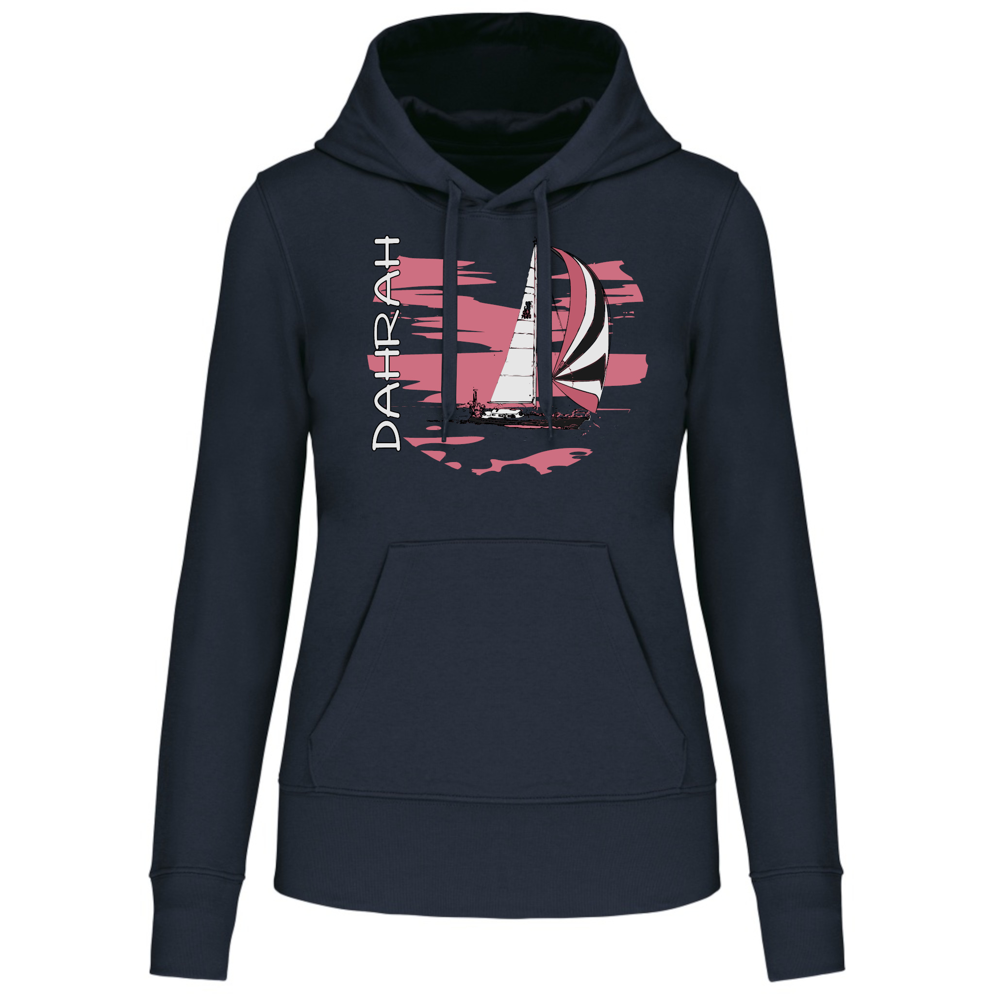 Organic hoodie with print of a SAILBOAT by Dahrah Darah Fashion.
