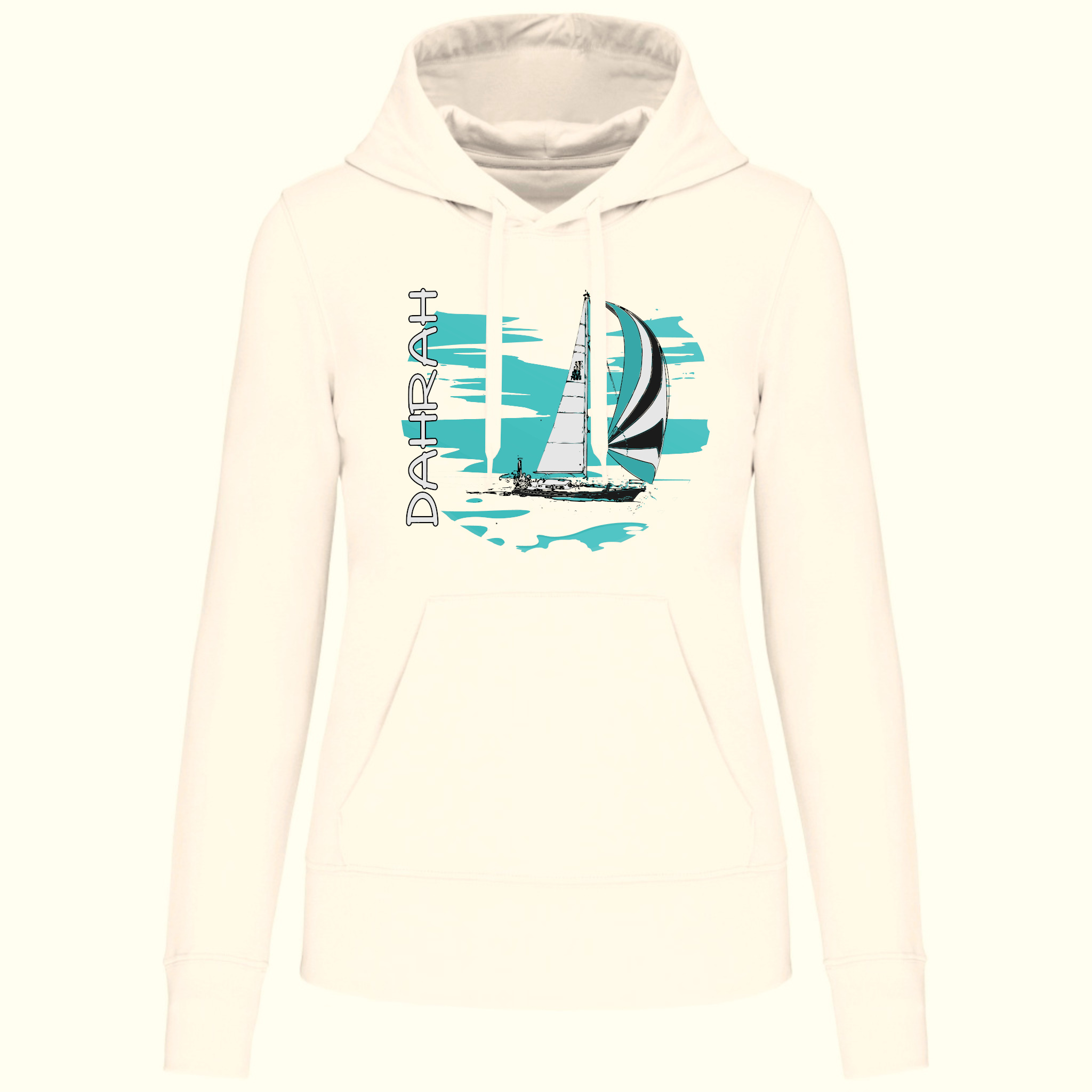 Organic hoodie with print of a SAILBOAT by Dahrah Darah Fashion.