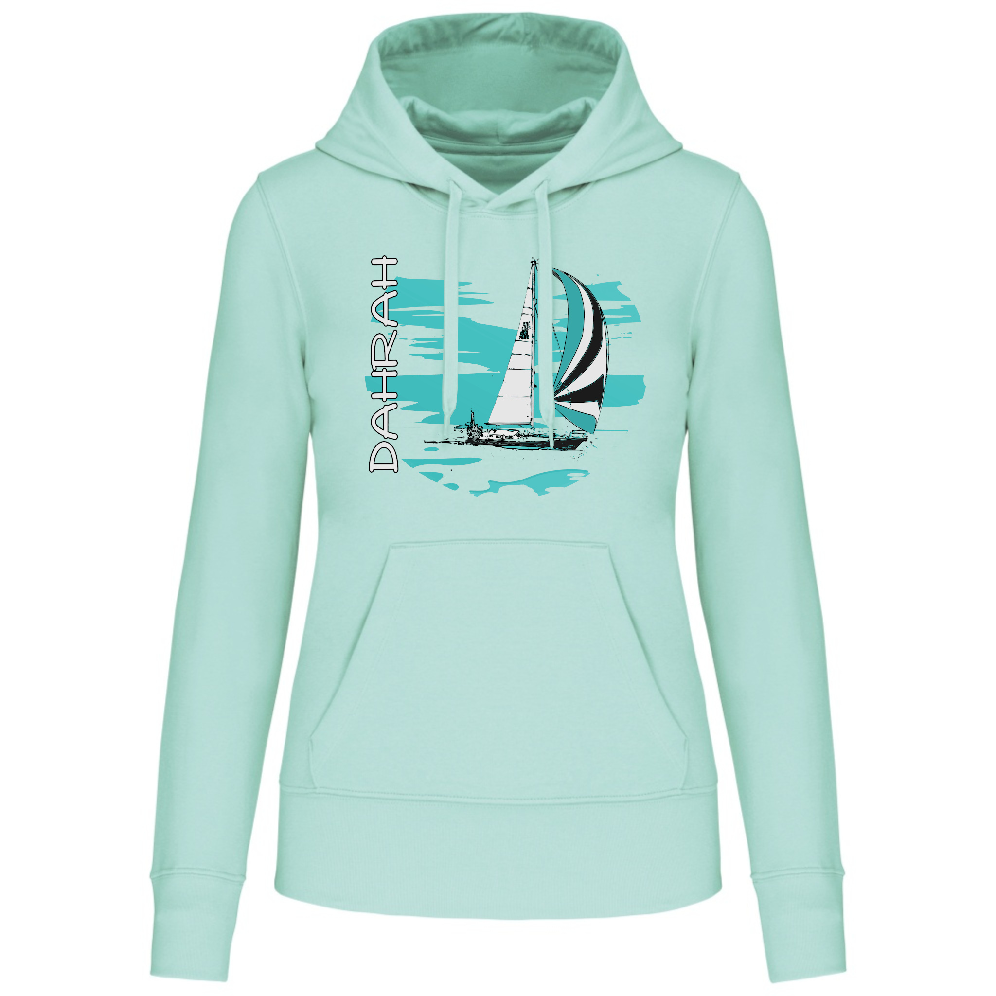 Organic hoodie with print of a SAILBOAT by Dahrah Darah Fashion.