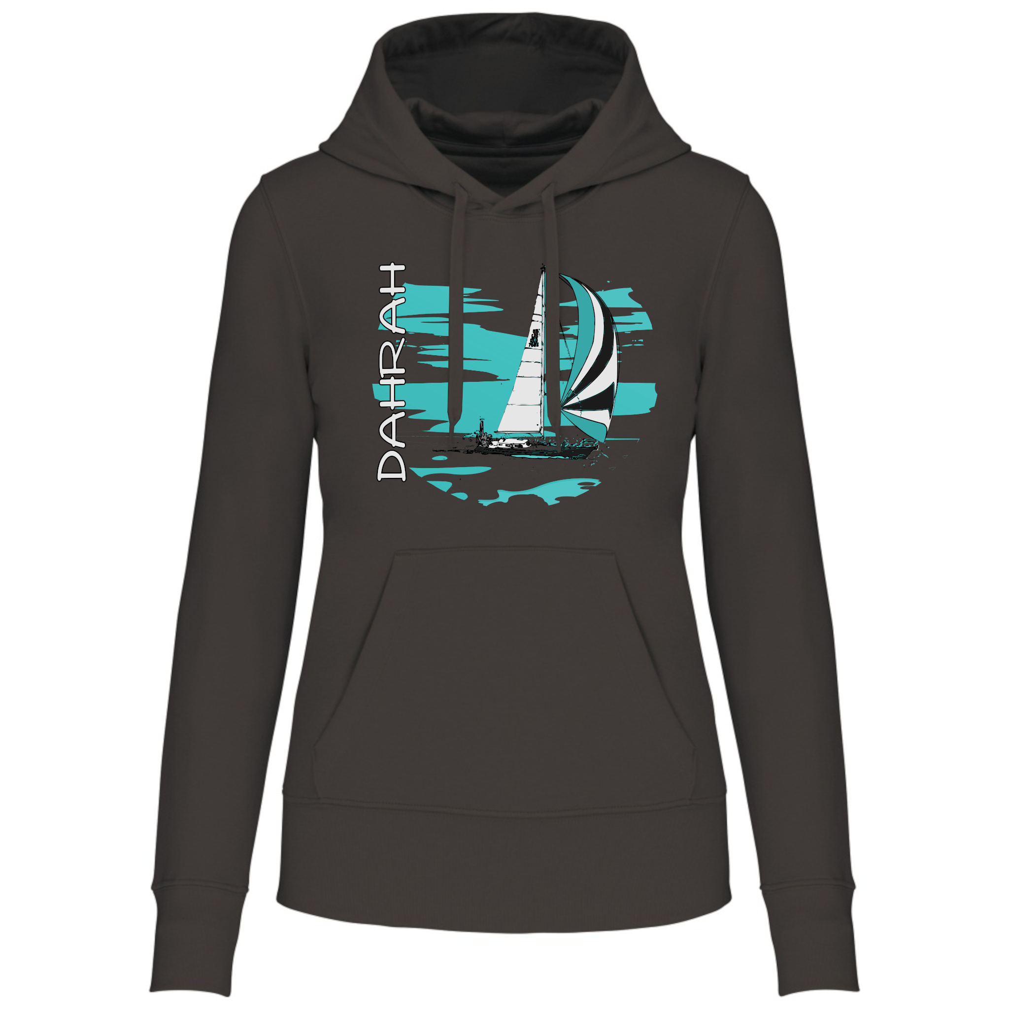 Organic hoodie with print of a SAILBOAT by Dahrah Darah Fashion.