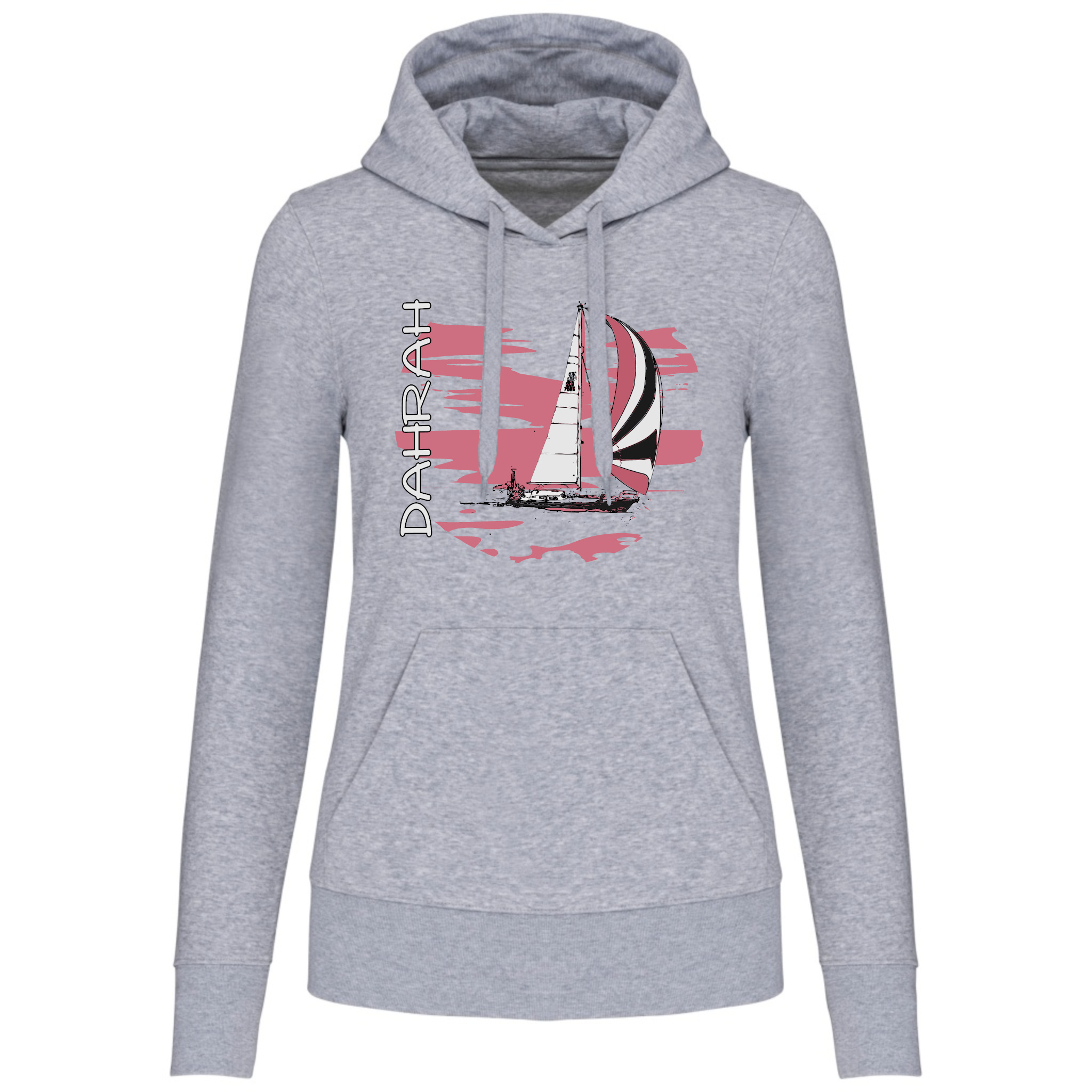 Organic hoodie with print of a SAILBOAT by Dahrah Darah Fashion.