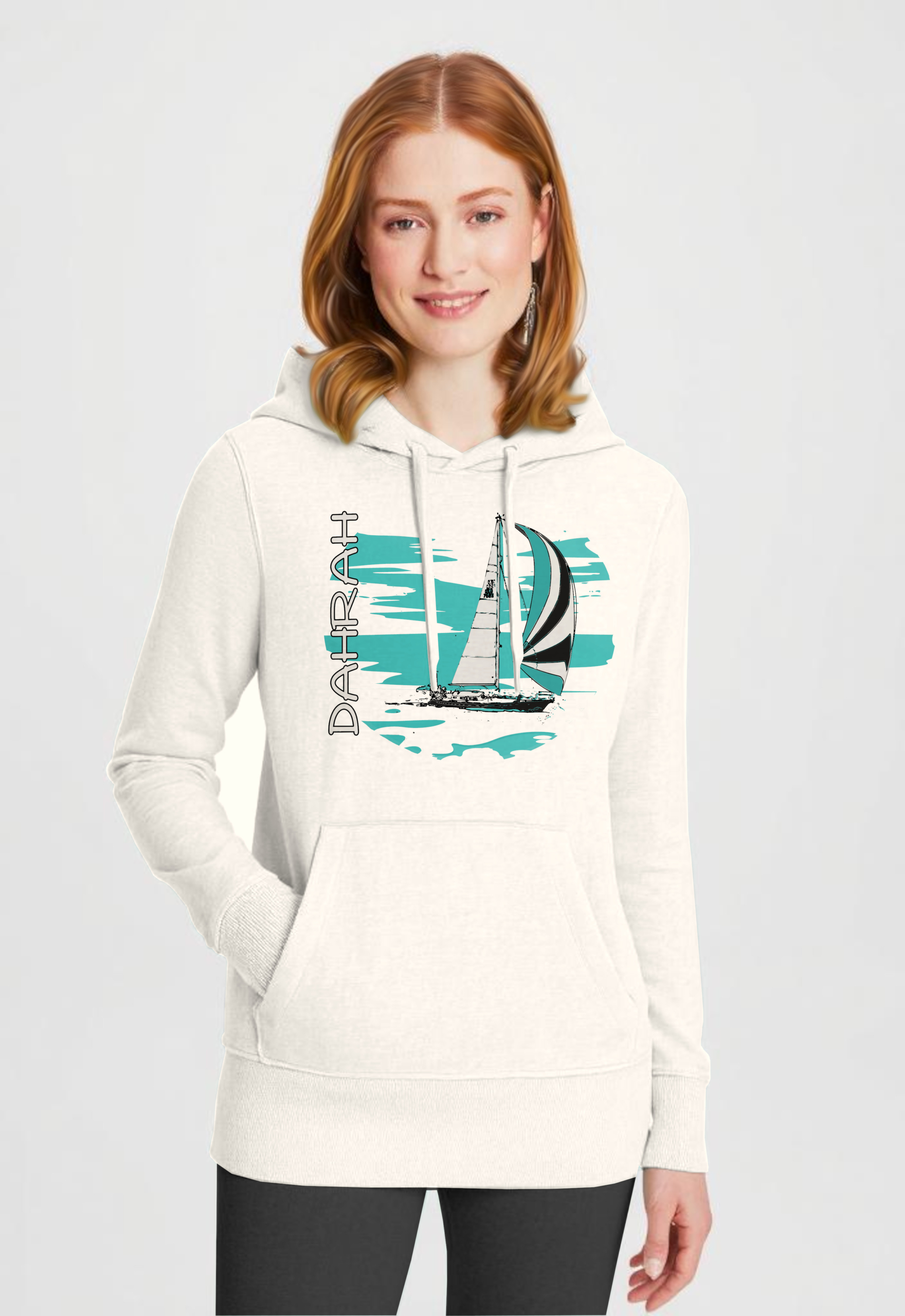 Organic hoodie with print of a SAILBOAT by Dahrah Darah Fashion.
