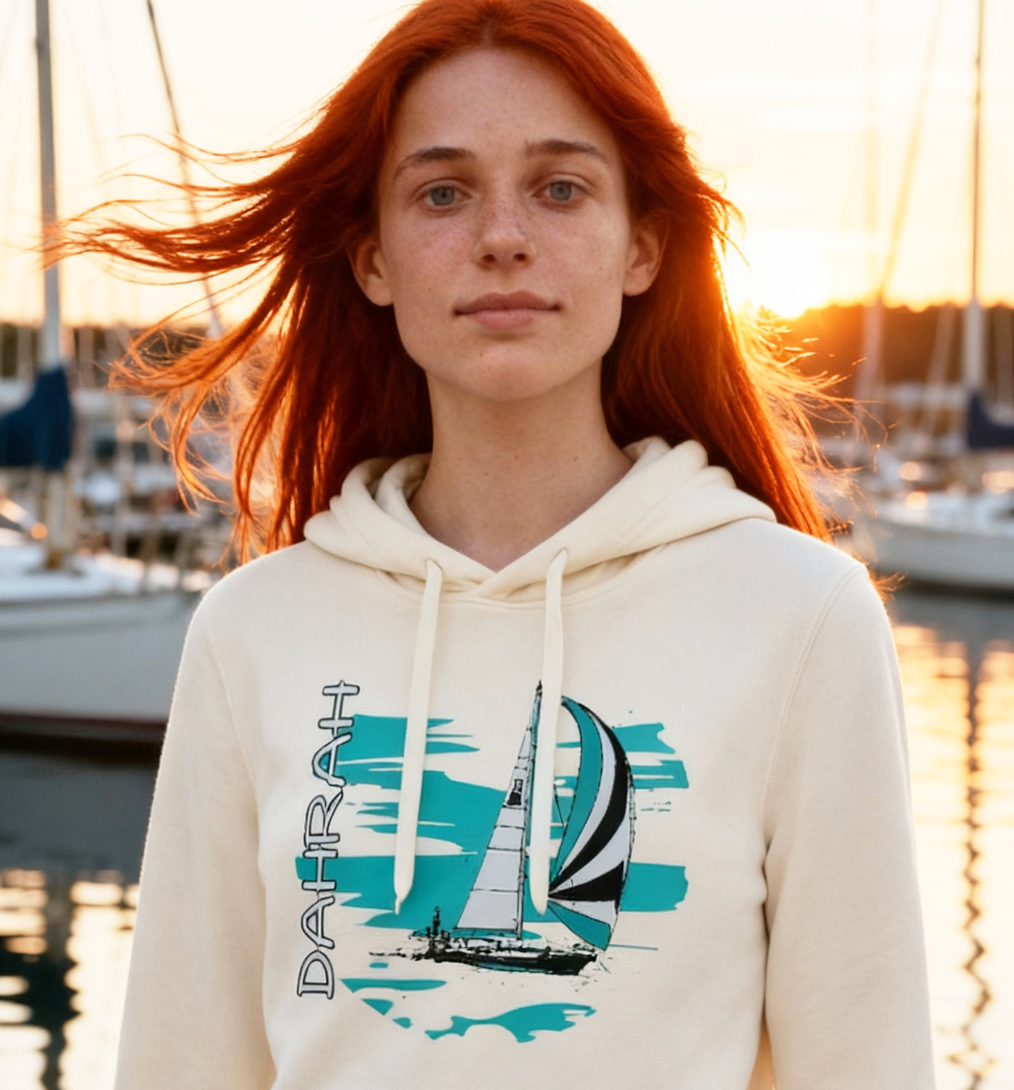 Sailing hoodie with print of a SAILBOAT by Dahrah Darah Fashion.