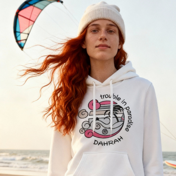 Dahrah surfing and sailing hoodie with print of surfing beach with shark.