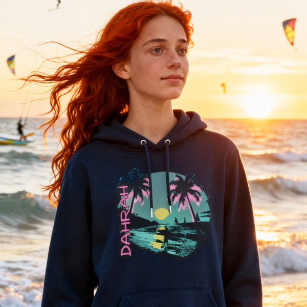 Dahrah surfing and sailing hoodie with print of tropical surfing beach.