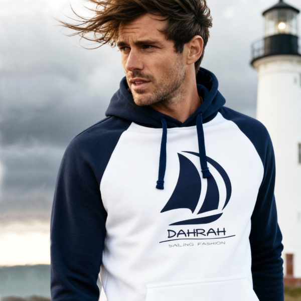 Sailing hoodie with print of Dahrah sailboat logo.