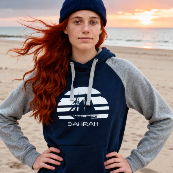 Sailing hoodie by Dahrah with print of Flying Dutchman sailboat, in grey and navy colors and raglan sleeves. Great style for sailing, skippers and crews.