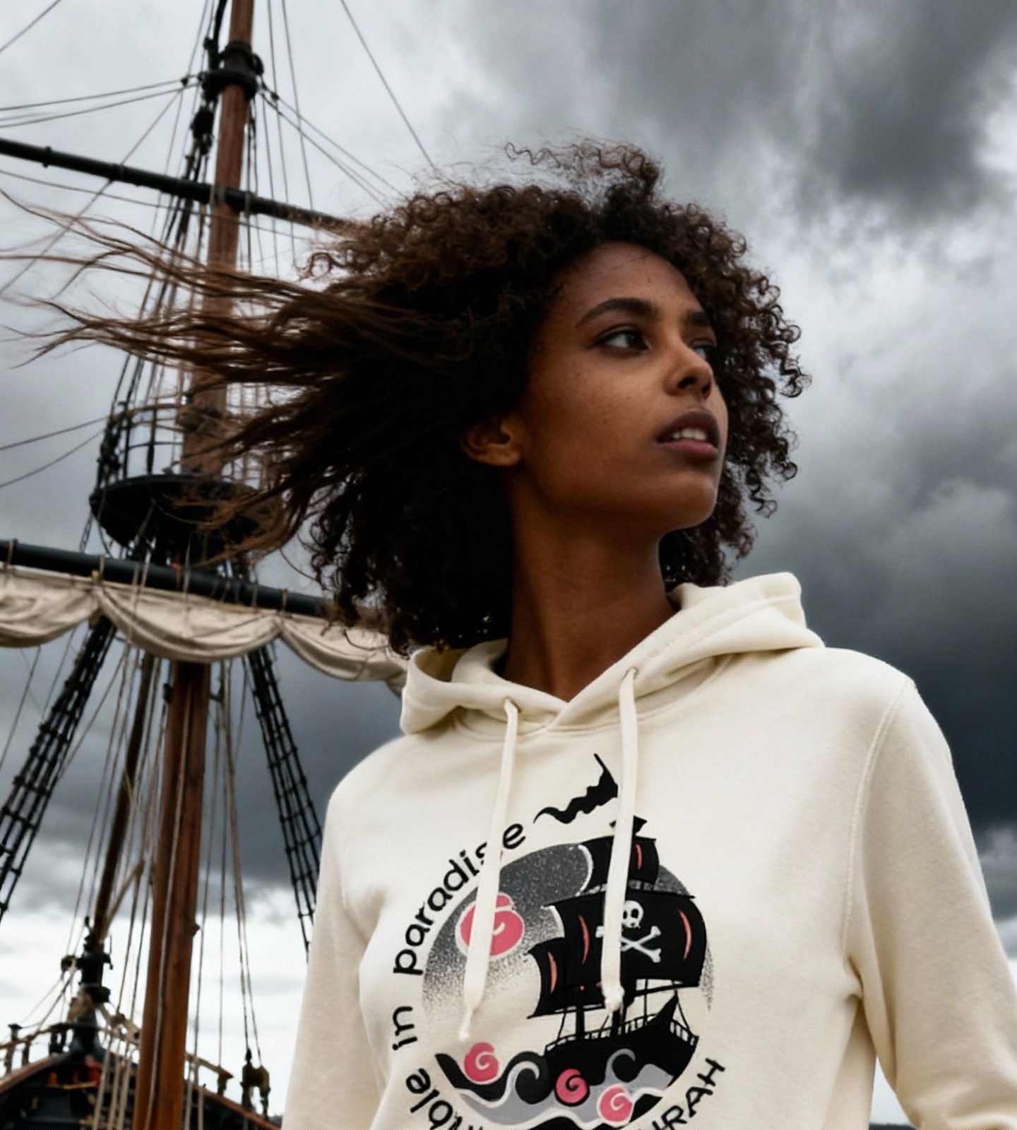 Beautiful high quality organic hoodie with print of a pirate ship designed by Dahrah Darah Fashion.