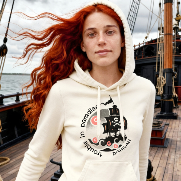 Dahrah organic sailing and surfing hoodie with print of pirate ship