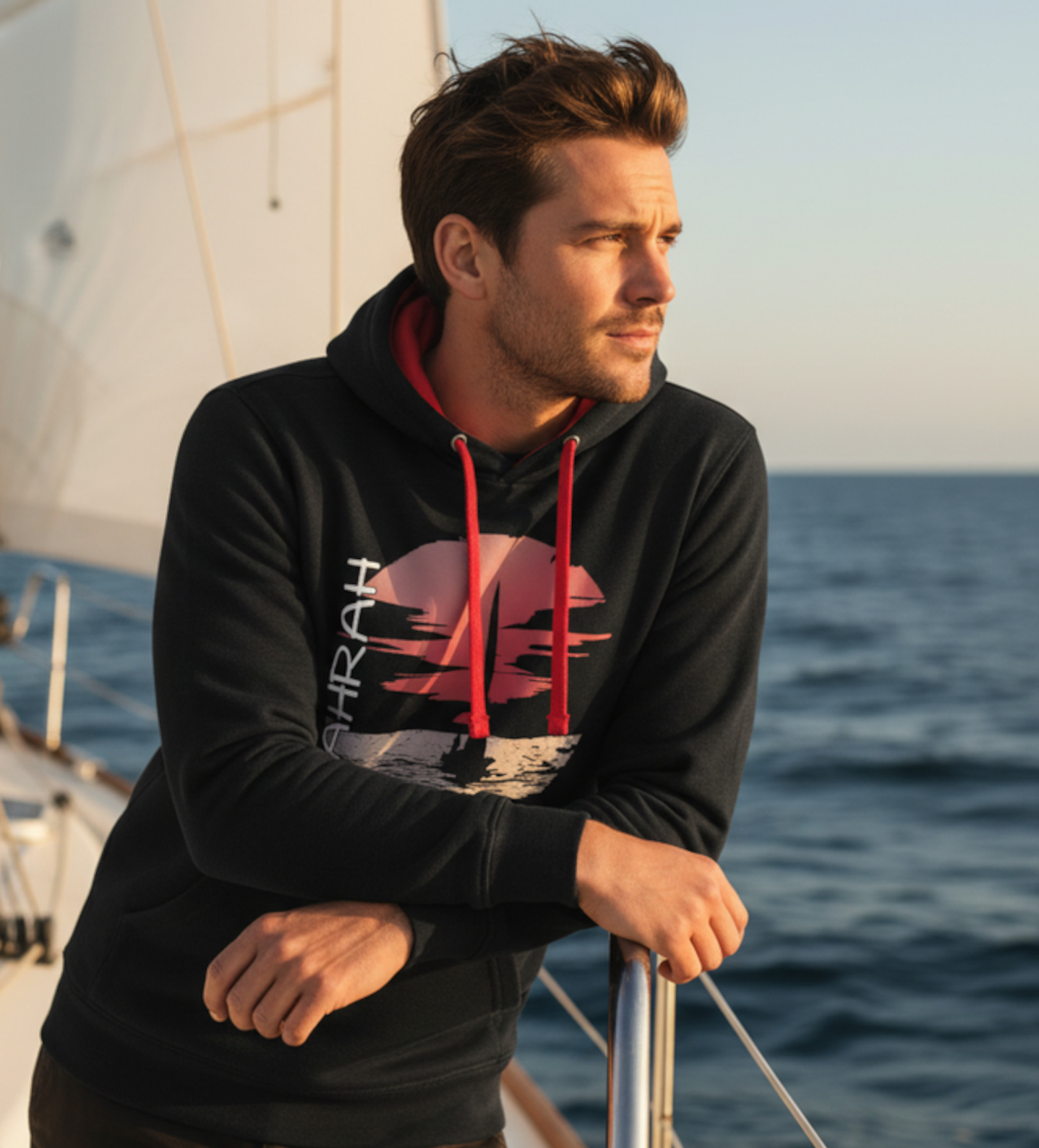 Sailing hoodie with sailing boat at sunset.