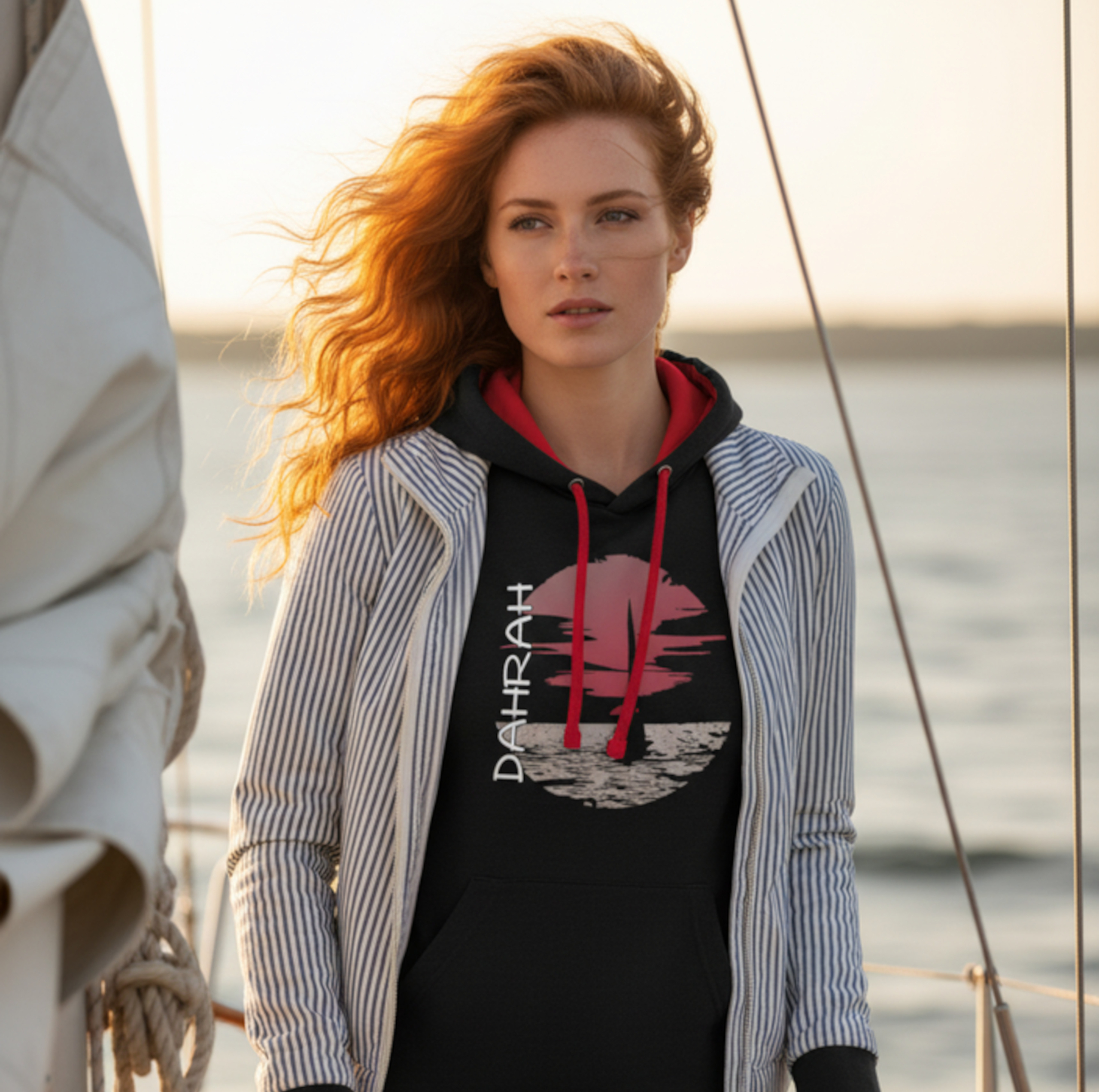 Sailing hoodie with sailing boat at sunset.