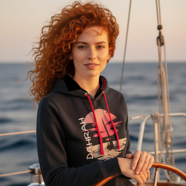 Sailing hoodie with sailing boat at sunset.