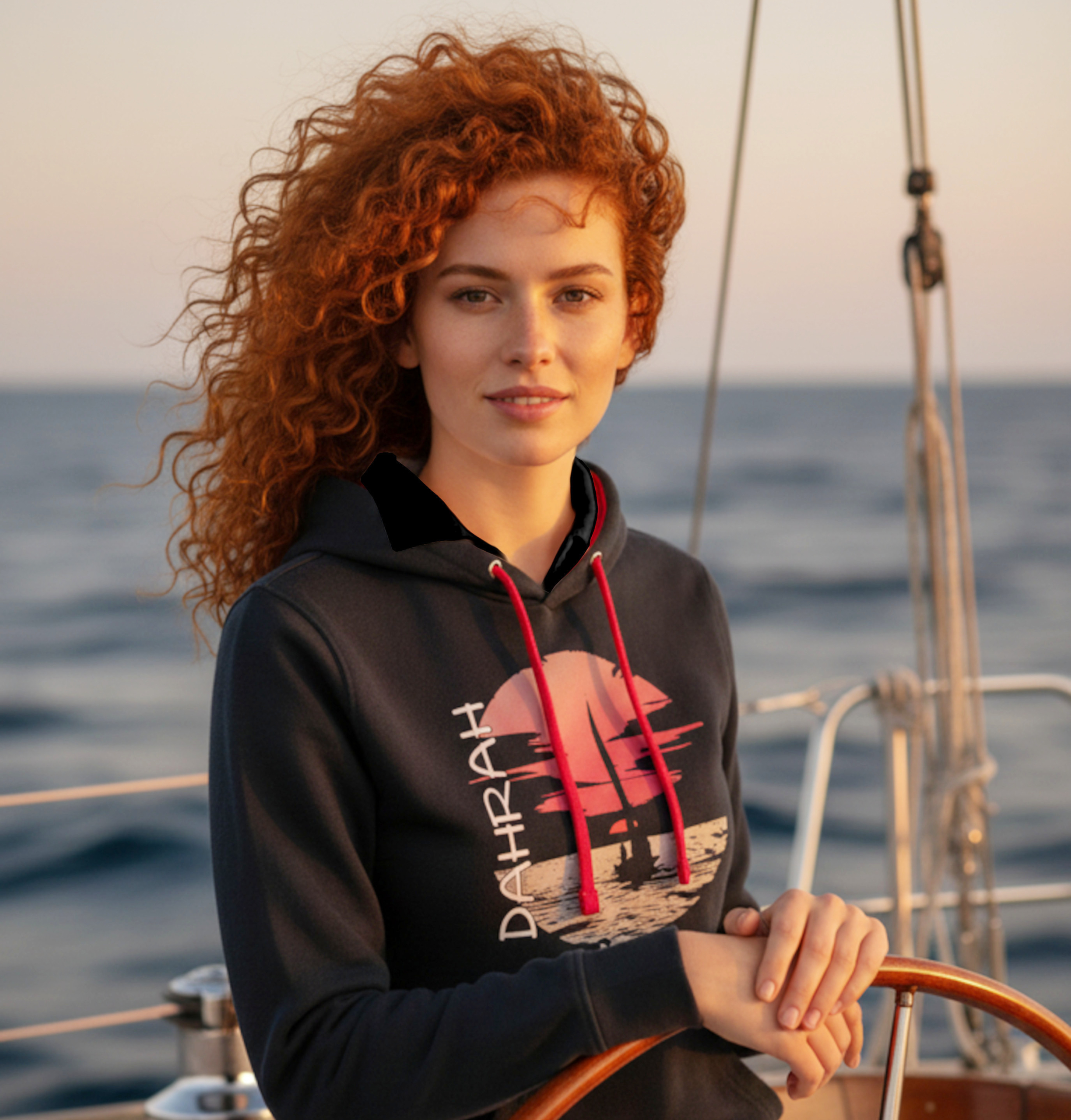 Sailing hoodie with sailing boat at sunset.