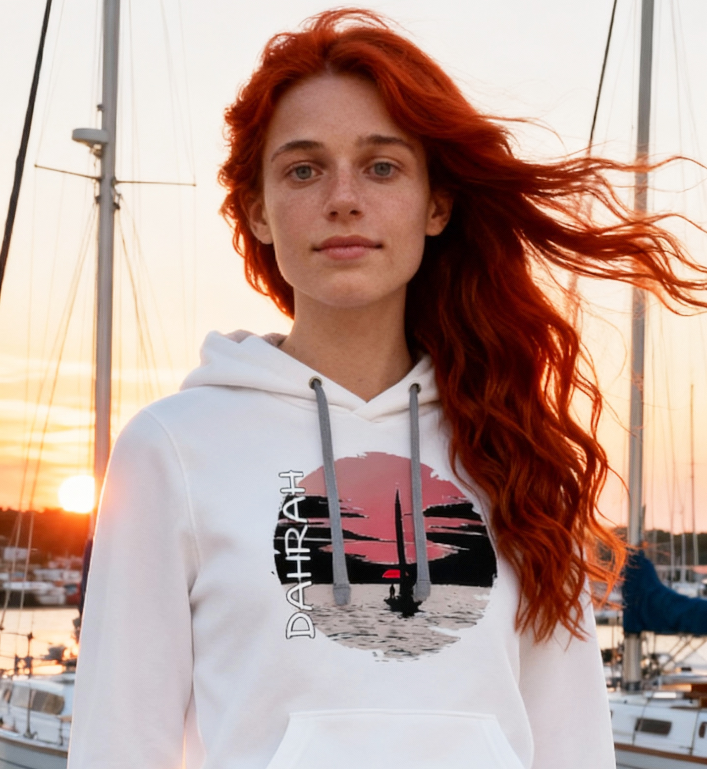 Sailing hoodie with print of a sailing boat at sunset.